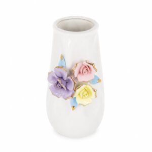 FLORERO DE CERAMICA BLANCO C/ APLIQUES DE FLORES EN COLORES 20CM. – OCT251874 – CHM26-3