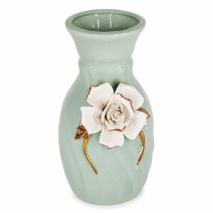 FLORERO DE CERAMICA VARIOS COLORES C/ APLIQUES DE FLOR EN BLANCO 20CM. – OCT251871 – CHM26-3