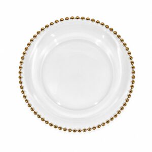 PLATO PLAYO DE VIDRIO 26CM. BORDE C/ PELOTITAS DORADOS – OCT251727 – CHM26
