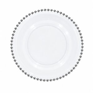 PLATO PLAYO DE VIDRIO 26CM. BORDE C/ PELOTITAS PLATEADO – OCT251724 -CHM26