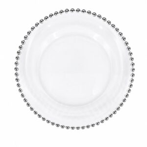 PLATO PLAYO DE VIDRIO 31CM. BORDE C/ PELOTITAS PLATEADO – OCT251723 -CHM26