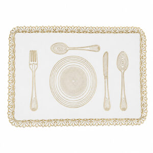 INDIVIDUAL BLANCO C/ DISEÑO DE UTENSILIOS BORDE DORADO 29X43CM.- OCT251276 – CHM26-3